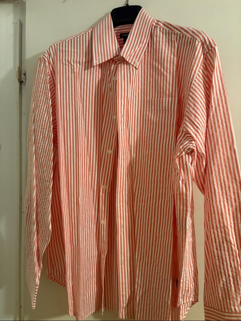 J. Peterman Coral and White Vertical Stripe Dress Shirt